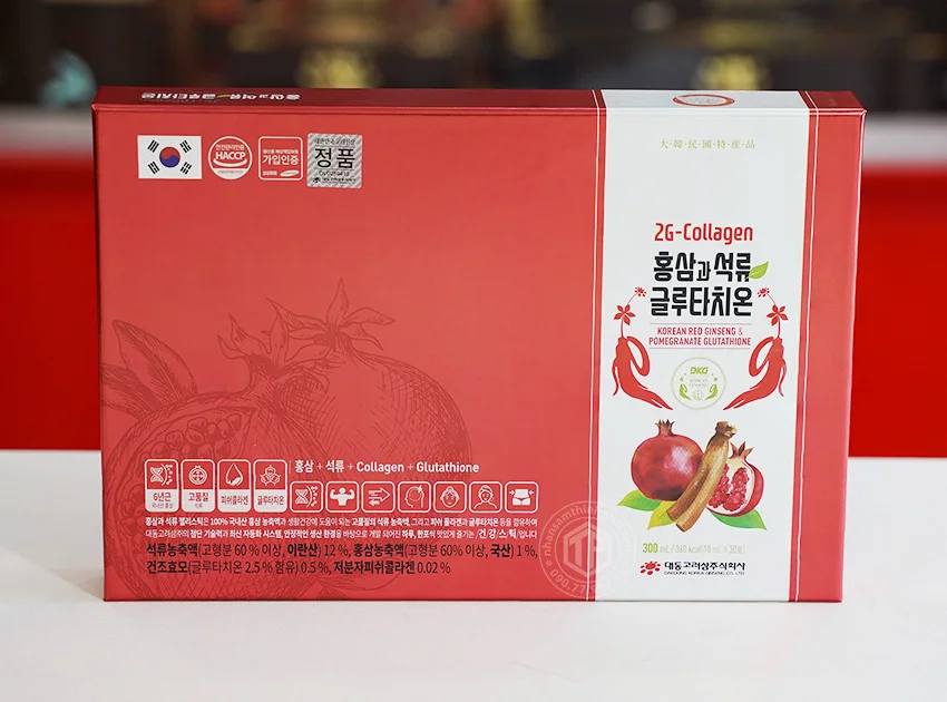 Nước hồng sâm lựu Collagen Glutathione Daedong Hàn Quốc hộp 30 gói x 10ml Nước hồng sâm lựu Collagen Glutathione Daedong Hàn Quốc hộp 30 gói x 10ml