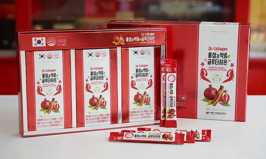Nước hồng sâm lựu Collagen Glutathione Daedong Hàn Quốc hộp 30 gói x 10ml Nước hồng sâm lựu Collagen Glutathione Daedong Hàn Quốc hộp 30 gói x 10ml