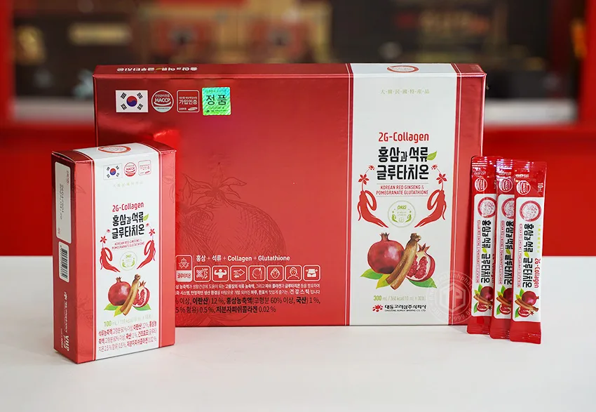 Nước hồng sâm lựu Collagen Glutathione Daedong Hàn Quốc hộp 30 gói x 10ml Nước hồng sâm lựu Collagen Glutathione Daedong Hàn Quốc hộp 30 gói x 10ml